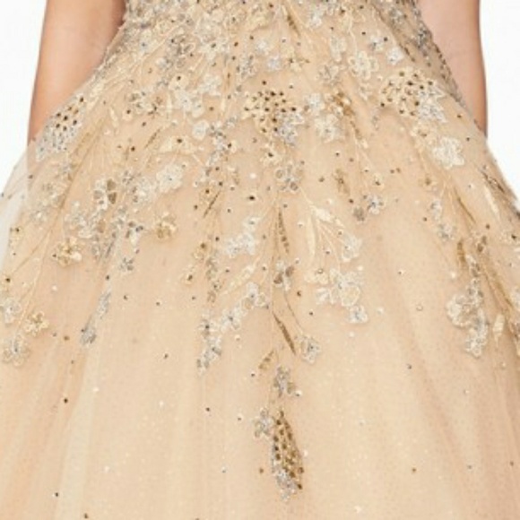 Champagne gold formal evening ball gown off shoulder - Picture 3 of 7
